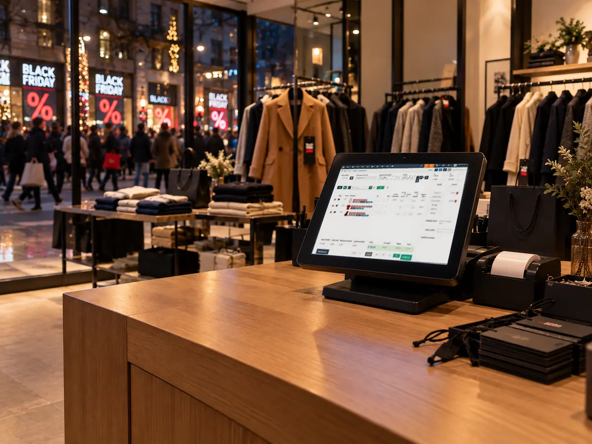 Banco cassa di una boutique durante il Black Friday: fuori le vetrine piene di sconti, dentro la cassa magicstore e la collezione a prezzo pieno